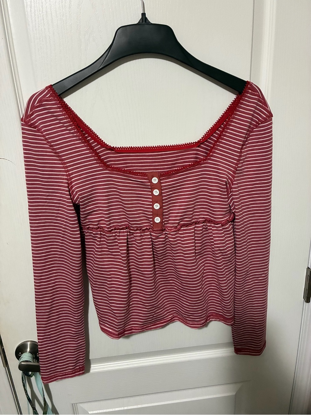 SHEIN Red and White Striped Long-Sleeve Square Neck Top